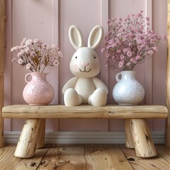 Dolls and children's toys are neatly arranged against a pink wall background, a minimalist, child-friendly room concept for small families