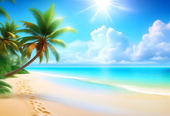 A beautiful tropical beach with crystal clear blue water, palm trees, and white sand