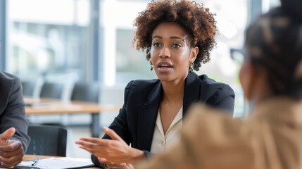 Afro-american businesswoman engaging in a discussion in a professional setting, ideal for leadership and corporate communication visuals.