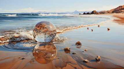 watercolor painting of crystal ball on tranquil summer beach
