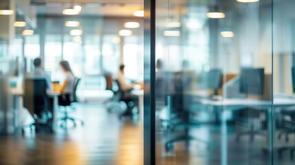 Bright business workplace with people in walking in blurred motion in modern office space