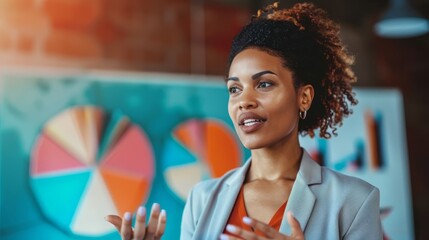 Afro-american businesswoman engaging in a discussion in a professional setting, ideal for leadership and corporate communication visuals.