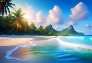 A beautiful tranquil beach with palm trees and clear blue water