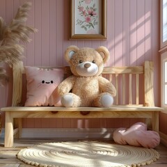 Dolls and children's toys are neatly arranged against a pink wall background, a minimalist, child-friendly room concept for small families