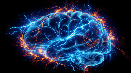 concept of brain power or neurology, graphic of brain presenting in front view with lightning effect.