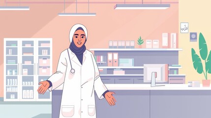 Illustration of a female muslim doctor in a hospital ward, standing confidently among lush indoor plants, emphasizing a calming healthcare environment.