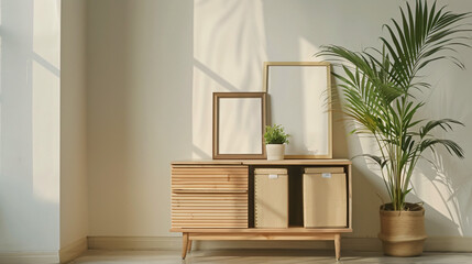 Wooden cabinet with cardboard box houseplant and blank