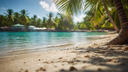 Tropical beach with palm trees and sand on a sunny day