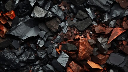 A pile of dark, grey, and red rocks