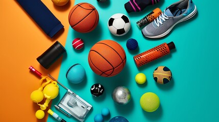 A variety of sports equipment is arranged on a blue and orange background