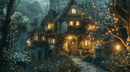 Obraz premium Enchanted Forest House Illuminated by Fairy Lights