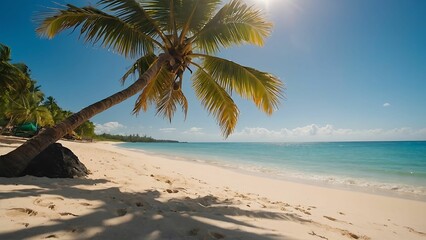 Tropical beach with palm trees and sand in sunny day. summer vacation concept