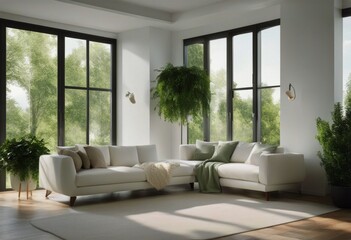 green landscape Scandinavian window room sofa design White interior
