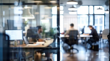Bright business workplace with people in walking in blurred motion in modern office space