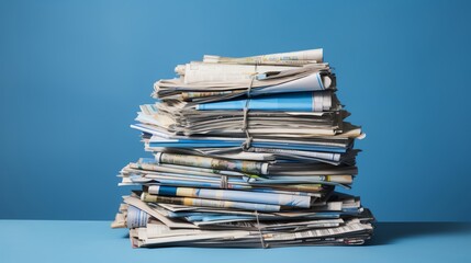 A stack of newspapers tied together with string sits on a blue table against a blue background.