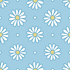 Chamomile and dots seamless pattern. Hand drawn white daisies and circles falling on baby blue background. Cute floral allover illustration. Simple dotted flat flowers backdrop