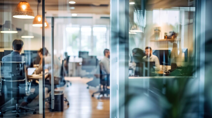 Fototapeta premium Bright business workplace with people in walking in blurred motion in modern office space