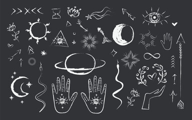 Black witch stuff. Set Witchcraft, magic elements. Collection of Mystical and Astrology objects in boho style. Mystical signs,silhouettes. Vector Hand drawn elements. Astronomy. Line art illustrations