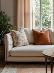 Embrace the charm of French country interior design in a modern living room, showcasing a fabric sofa adorned with inviting white and terra cotta pillows.