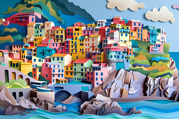 Cinque Terres colorful houses and seaside cliffs transformed into a vibrant paper cut landscape Italian charm captured 