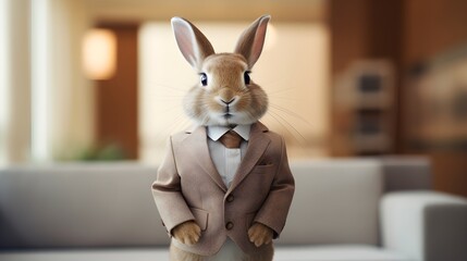 A bunny in smart attire, hosting a business conference with an air of professionalism and efficiency