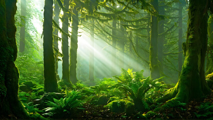 A misty, enchanted forest with sunbeams filtering through the tall tree canopy. The trees are ancient and gnarled, with thick, moss-covered trunks and twisted branches. The forest floor is carpeted wi