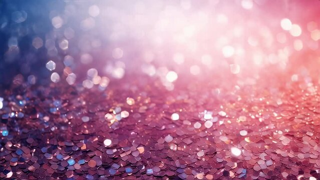 Pink blue glitter sequins shining festive background. Scattered sparkling and glowing confetti on blurred backdrop. Holiday party banner with copy space