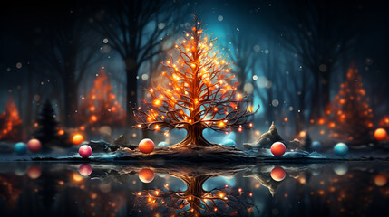 christmas tree with lights christmas, winter, snow, tree, xmas, holiday, snowflake, landscape, illustration, vector, card, celebration, season, decoration, christmas tree