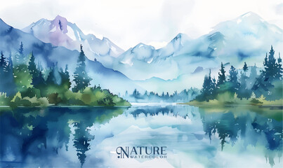 Watercolor forest landscape background. Beautiful watercolor nature landscape with lake,mountains and forest.Watercolor illustration design elements for landscape background and wallpaper.