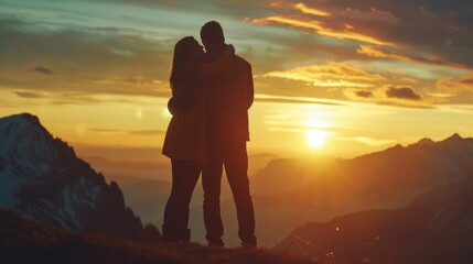Fototapeta premium Couples embracing at sunset, silhouetted against picturesque landscapes. Every image tells a story of adventure and romance.
