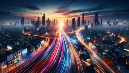 bustling metropolis at twilight. The cityscape is alive with vibrant light trails emanating from the dense traffic