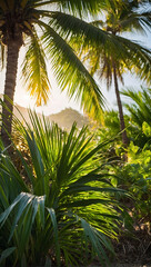 Embrace the warmth of summer, a picturesque scene of sun rays dancing through vibrant green palm tree leaves, setting the stage for a perfect beach day.