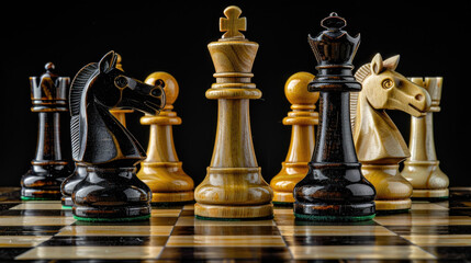 Chess pieces on a board with a horse head. Suitable for strategy, competition, marketing, business, leadership, game, and intelligence concepts.