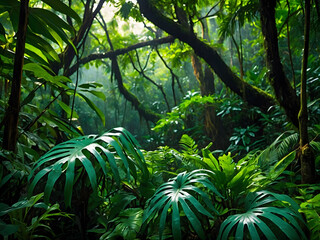 Emerald Canopy, Wander Beneath the Dappled Shade of Lush Wet Green Foliage in a Tropical Jungle, Immersed in the Richness of Nature's Flourishing Bounty.