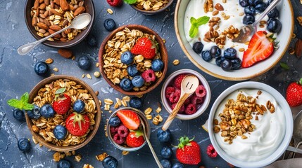 Healthy Breakfast Spread with Granola, Yogurt, Berries, and Nuts, Balanced and Delicious