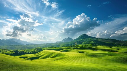 Obraz premium Golf course with mountain and blue sky background.