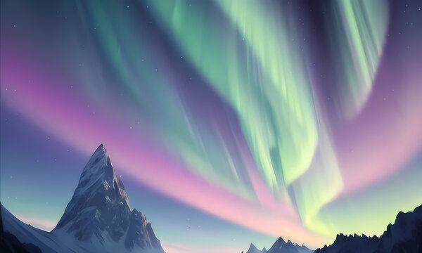 Beautiful aurora Aurora borealis over a frozen landscape with snow and mountains