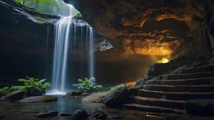 Mystical waterfall in a hidden cave.