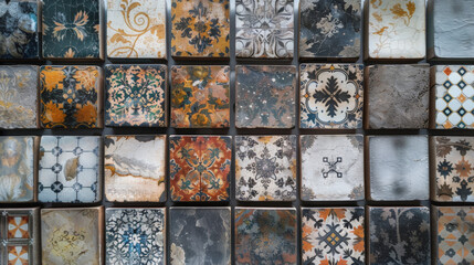 An assortment of vintage, patterned tiles in various states of wear, showcasing a range of designs and colors, likely from different periods and origins.