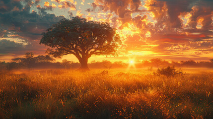 A majestic baobab tree stands tall amidst a golden savanna at sunrise, with light piercing through a misty landscape, evoking a serene, awe-inspiring atmosphere.