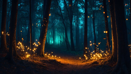 Enigmatic Night Forest, Atmospheric Scene Set in a Fantasy Forest with Mysterious Glowing Lights.