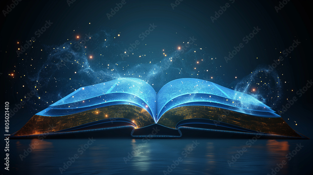 Poster open book side view with shining pages. magic book. low polygonal and wireframe from dots and lines.