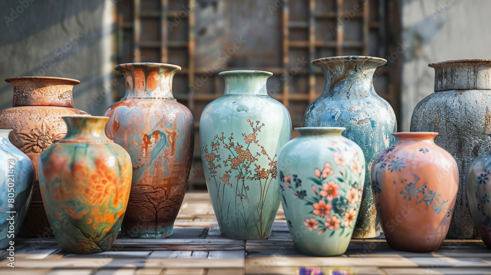 Poster a collection of colorful ceramic pottery vases with various intricate designs and patterns displayed