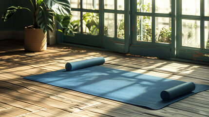 Yoga mats on wooden floor