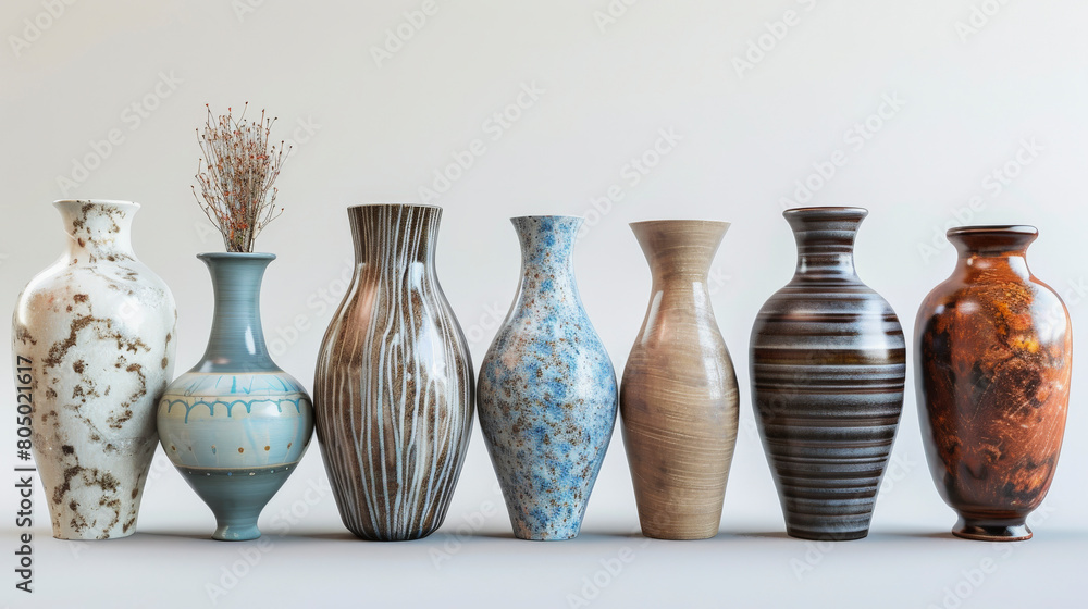 Poster a collection of seven ceramic vases with different patterns and colors lined up against a neutral ba