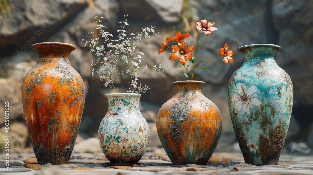 Poster four intricately patterned ceramic vases of different shapes and sizes, with a few small branches of