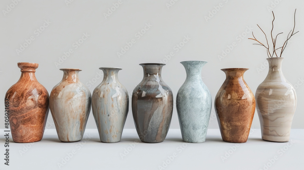 Poster a collection of seven ceramic vases with various glazes and patterns, one containing dried branches,
