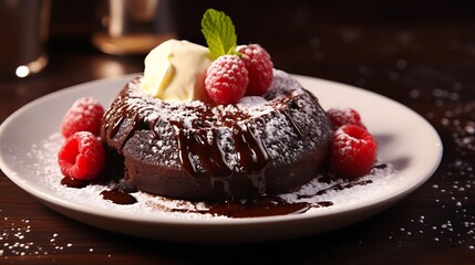A decadent chocolate lava cake oozing with molten chocolate filling, dusted with powdered sugar and served with a scoop of vanilla ice cream on the side.