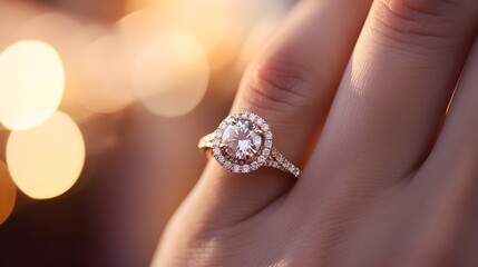 A hand holding a sparkling engagement ring