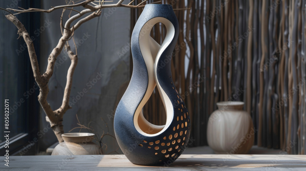 Poster A uniquely shaped ceramic vase with a hole in the center sits on a table, flanked by branches and another vase in a dimly lit setting.